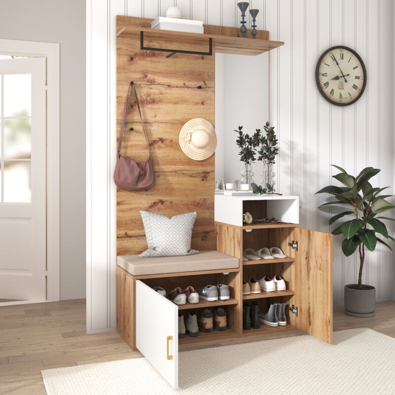 Stilvora Garderobenset Mit Spiegel, Sitzbank Und Schuhschrank Mit 2 Fächern, 4 Haken Und Stange, Aus Mdf, Weiß Und Holz, 105×40×190, 5 Cm