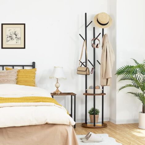 Garderobenständer, Freistehender Kleiderständer, Garderobe in Baumform mit 8 Haken, 2 Runde Ablagen, für Kleidung, Hut, Tasche, Wohnzimmer, Schlafzimmer, BüroDunkelbraun-Schwarz EBF33YM01G1,HOOBRO