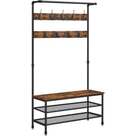 VASAGLE Garderobenständer im Industrie-Design, mit Sitzbank, großer Kleiderständer mit Wasserrohr-Elementen, mit 9 Haken und Schuhregal, multifunktionale Flurgarderobe, robustes Metallgestell by SONGMICS HSR47BX