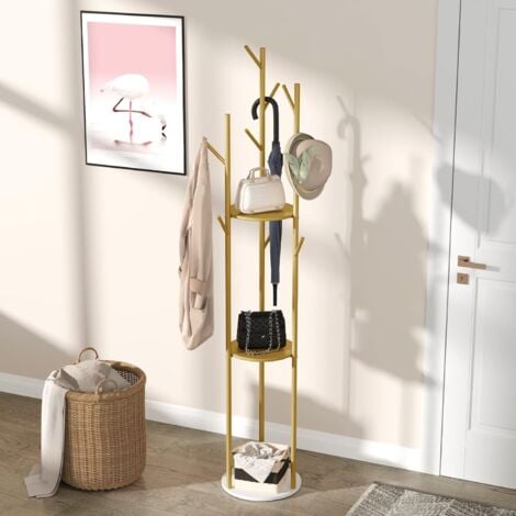 Garderobenständer Luxus Kleiderständer mit Marmor Boden, 3 Ablagen und 9 Kleiderhaken, Standgarderobe Gold Metall Garderobe 172cm