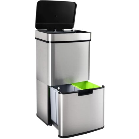 GARDTECH Waste Bin Kitchen 62 Litre Automatic Waste Bin with Sensor 3 Compartments Waste Separation System with Softclose Lid Clamping Ring for Stainless Steel Bin Liners Capacity of 2 x 12.5L and 37L