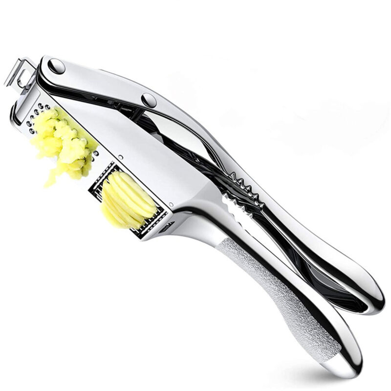 Garlic press, garlic press, slicer, 2-in-1 garlic chopper, stainless steel, dual function, professional hand-operated garlic press with non-slip