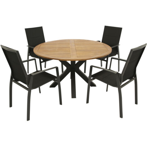 Garnitur MADEIRA 5-teilig, Alu/Stahl + Akazie + Kunstgewebe schwarz