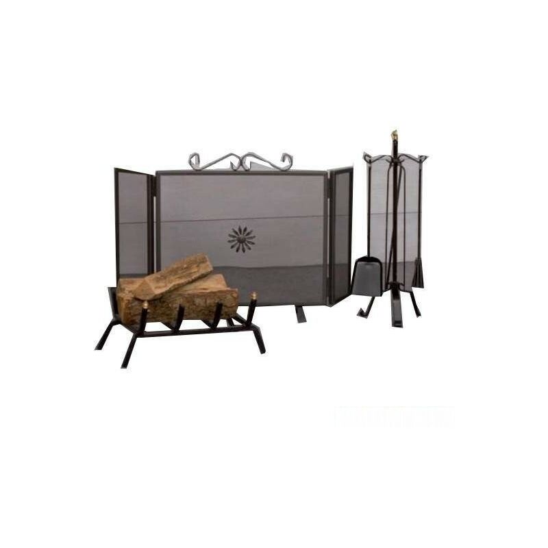 Garniture de cheminée en fer forgé Roccaraso avec pare-étincelles + poêle à bois + porte-outils - Salon