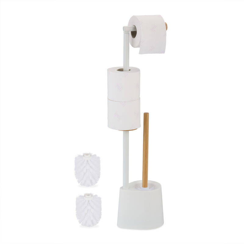 Serviteur wc, bambou, acier inoxydable, support à poser, brosse et porte-brosse, blanc - Relaxdays