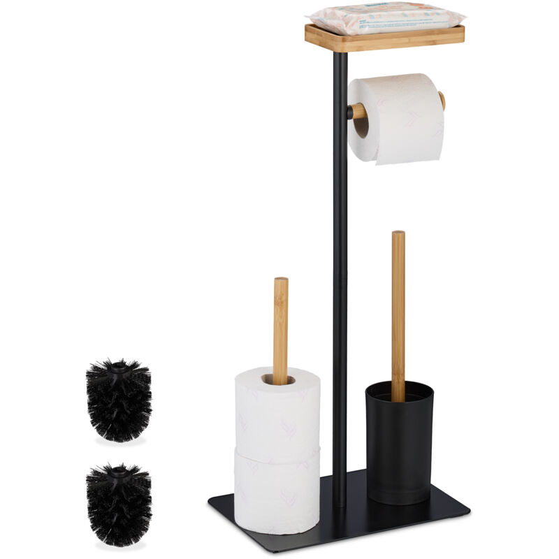 Serviteur wc, bambou, fer, support non fixe, brosse et porte-brosse, noir - nature - Relaxdays