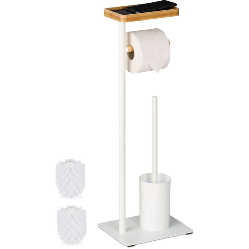 Serviteur wc, mélange de matériaux, non fixe, brosse et porte-brosse, porte-rouleau, blanc et nature - Relaxdays