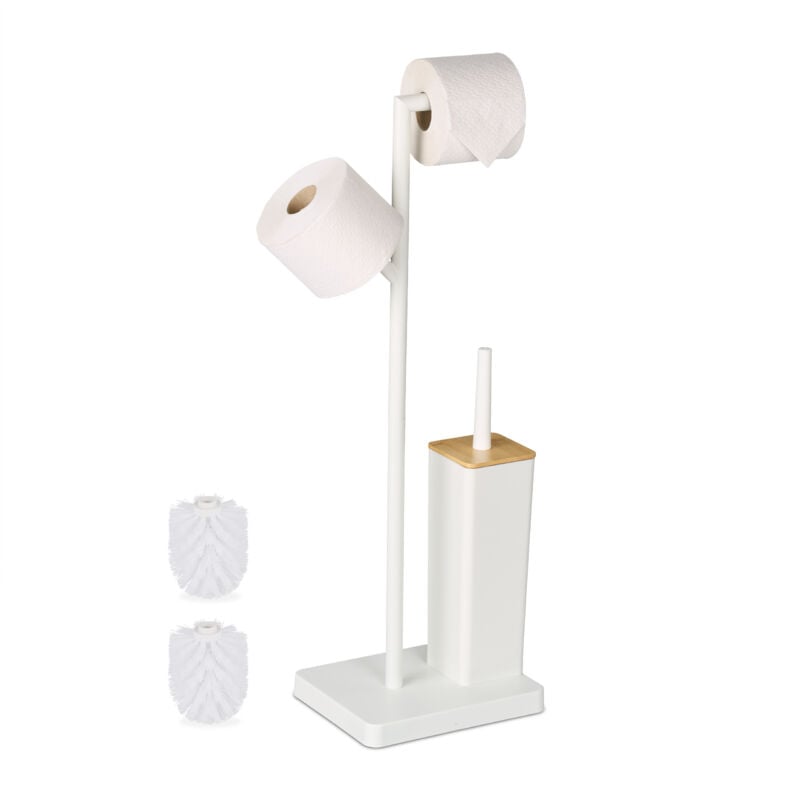 Serviteur wc, non fixe, porte-rouleau, mélange de matériaux, h x l x p : 71 x 23 x 18 cm, blanc et nature - Relaxdays