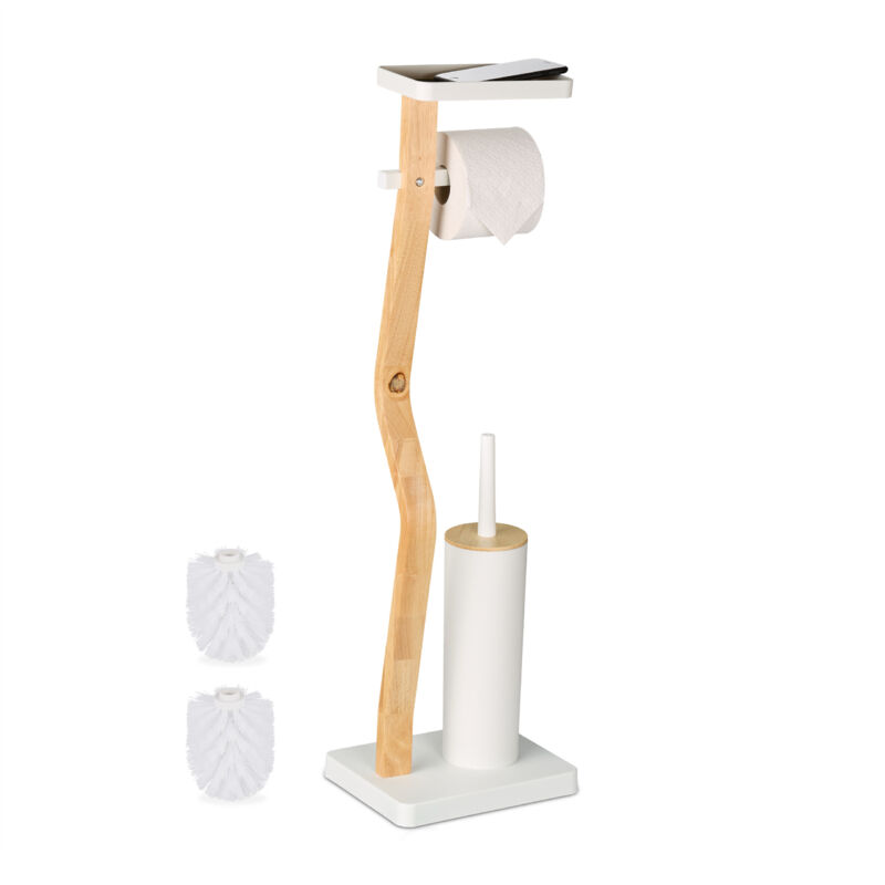 Serviteur wc non fixe, support téléphone, h x l x p : 80,5 x 23 x 18 cm, pour salle de bain, blanc et nature - Relaxdays