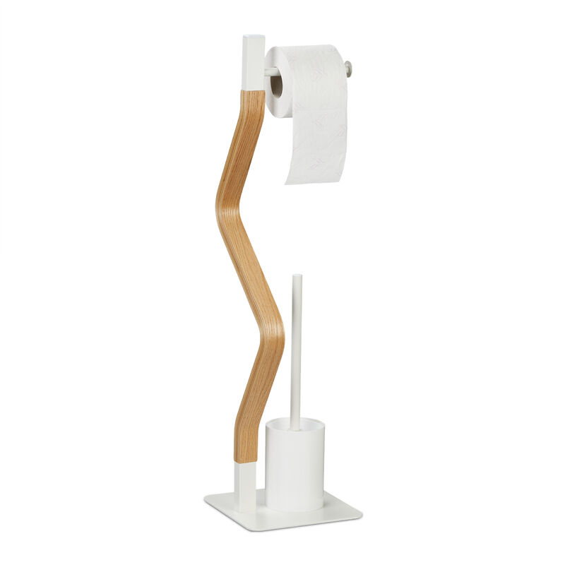 Relaxdays Serviteur WC, non fixe, support pour papier toilette, brosse et porte-brosse, HLP 76x20x20 cm, blanc/nature