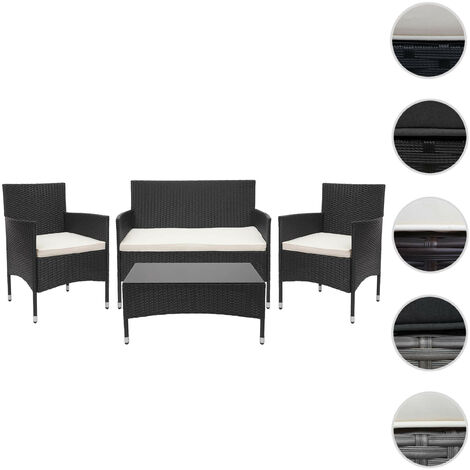 Garniture en polyrotin HWC-F55, ensemble fauteuils, banc et table, balcon/jardin  noir, coussins gr