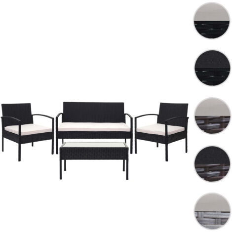 Garniture en polyrotin HWC-F56, garniture de jardin, ensemble fauteuils noir, coussin gris foncé
