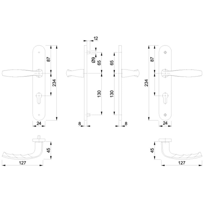 Hoppe - Garniture new york saillie réduite sur plaques de 24mm - Entraxe fixations (mm) : 195 - Entraxe (mm) : 92 - Carré (mm) : 8 - Ep. Porte (mm) :