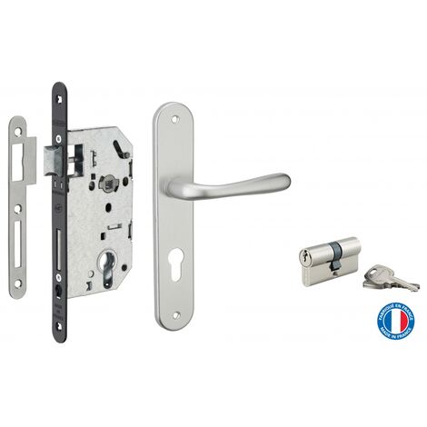 Ensemble poignees de porte exterieur trou de cylindre nickel satine Helios  943413