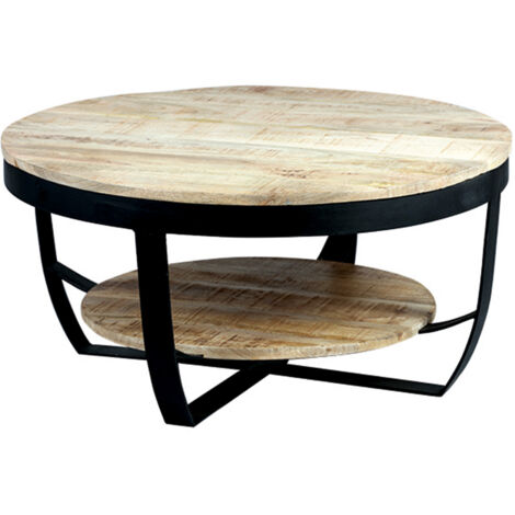 GARONA - Table Basse Ronde Ø80cm en Bois Massif et Métal Noir