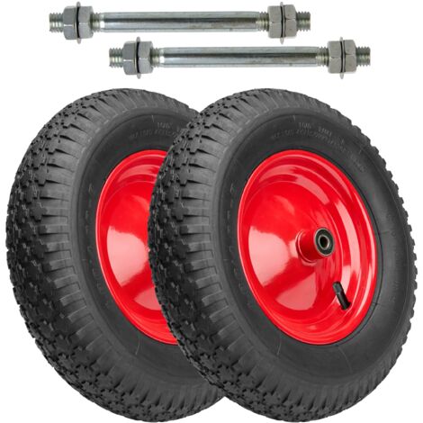 Garronda 2er Pack Ersatzrad Schubkarre 4.80/4.00-8 Schubkarrenrad Ø 390 mm Luftreifen 2PR Reifen bis 210 kg mit Achse Stahlfelge Kugellager für Gartenwagen Hof Baustelle GD-0163, Schwarz-Rot