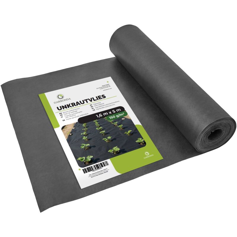 Garronda Unkrautvlies Gartenvlies 150 G/m² 1, 6 M X 5 M Schwarz Zur Bodenabdeckung Im Garten Und Zur Unkrautkontrolle Für Beet, Wege Und Untergrund