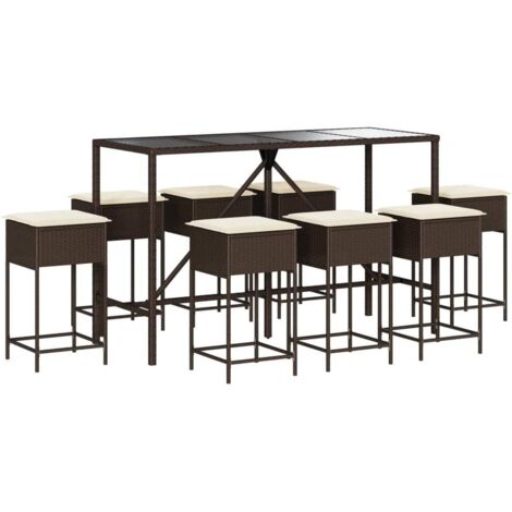 Garten-Bar-Set 9 Teile mit braunen Poly-Rattan-Kissen