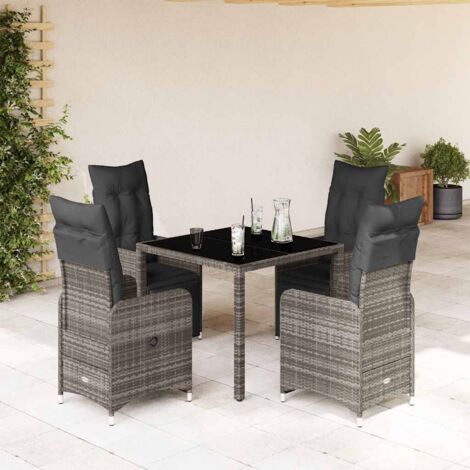 Garten Bistro Set 5-teilig mit grauen Polsterkissen aus Poly-Rattan
