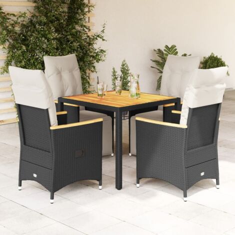 Garten Bistro Set 5-teilig mit schwarzen Kissen aus Poly-Rattangeflecht