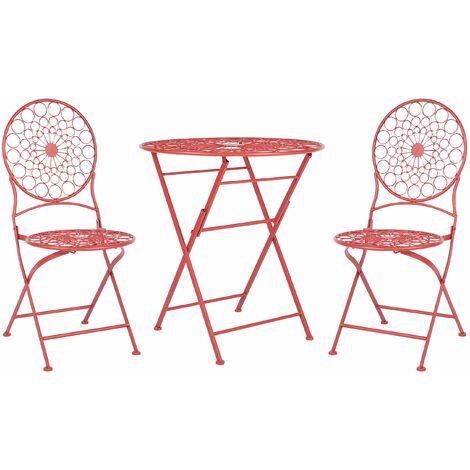 Garten Bistro Set Tisch mit 2 Stühlen zusammenklappbar Metall Provence Stil Rot Scario - Rot