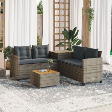 Garten-Couch mit Tisch und L-förmigen Kissen in Grau