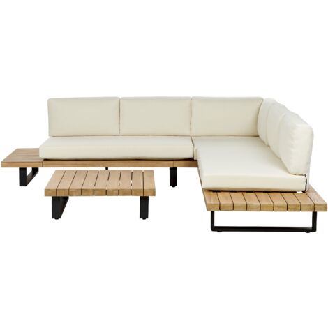 Garten Ecksofa mit Tisch 5-Sitzer MYKONOS rechtsseitig zertifiziertes Akazienholz Cremeweiß