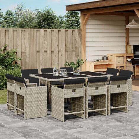 Garten-Essgruppe 11 Teile mit grauen Poly-Rattan-Kissen
