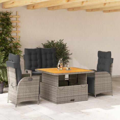 Garten-Essgruppe 4 Teile und graue Kissen aus geflochtener Rattan