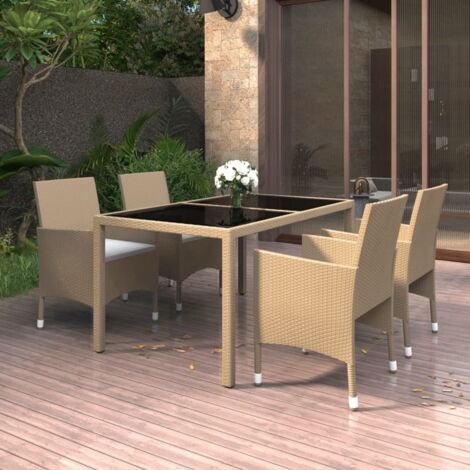 Garten Essgruppe 5 Teile Rattan Sicherheitsglas Beige