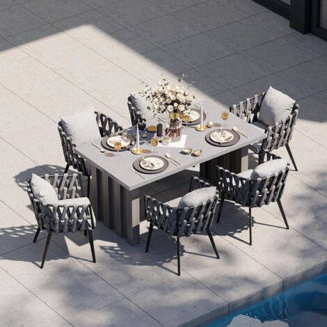 Garten-Essgruppe 7-teilig grau aus Aluminium - Ausziehbarer Tisch für 6 Pers., 6 geflochtene Sessel mit Kissen, witterungsbeständig für Terrasse