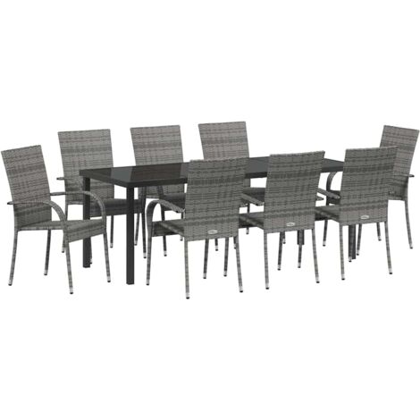 Garten Essgruppe 9 pcs Grau Poly Rattan vidaXL
