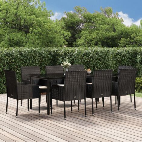 Garten Essgruppe 9-teilig mit Kissen Schwarz Rattan