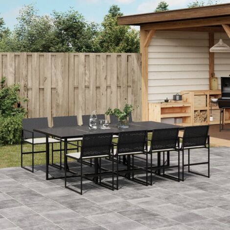 Garten-Essgruppe 9-teilig mit schwarzen Kissen aus geflochtener Poly-Rattan