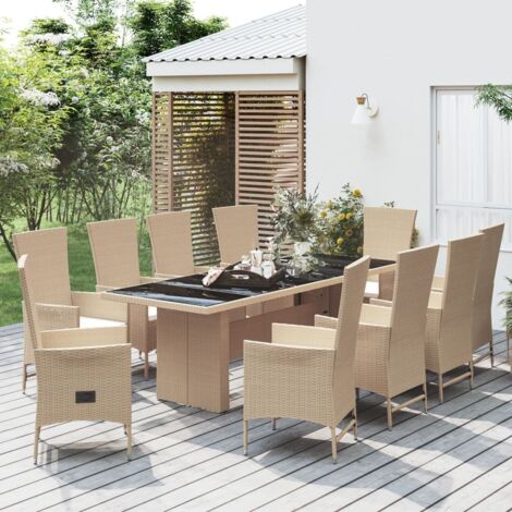 Garten-Essgruppe mit 11 Kissen beige Poly-Rattan