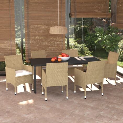 Garten-Essgruppe mit Kissen 7-teilig Poly-Rattan Beige