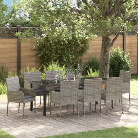 Garten Essgruppe mit Kissen 9 pcs Grau Poly Rattan vidaXL