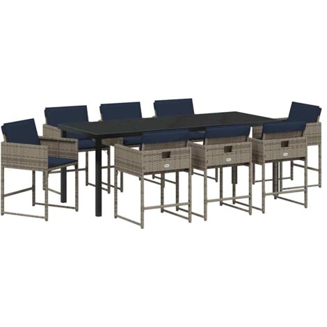 Garten Essgruppe mit Kissen 9 pcs Grau Poly Rattan vidaXL