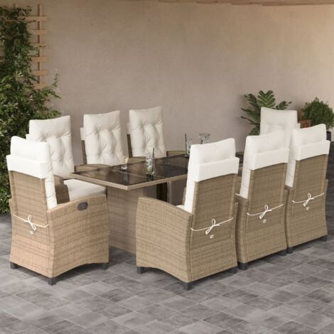 Garten-Essgruppe mit Kissen 9-teilig Beige Poly Rattan