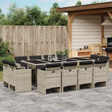Garten-Essset mit Kissen 13 Teile hellgrau Rattan