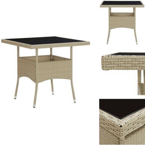 Garten-Esstisch Beige Poly Rattan und Glas - Gartenstuhl - Esstisch - Balkonmöbel - Terrassenmöbel - Rattan Möbel