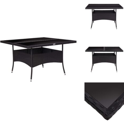 Garten-Esstisch Schwarz Poly Rattan und Glas - Gartenstuhl - Outdoor Möbel - Esstisch Set - Balkonmöbel - Terrassenmöbeln