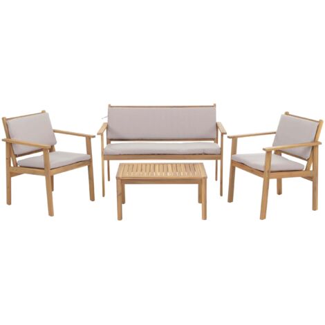 Garten-Garnitur HHG-946, Lounge-Set Sitzgruppe Bank Sessel Tisch, Holz Akazie MVG Stoff/Textil (180g/m²) Kissen grau