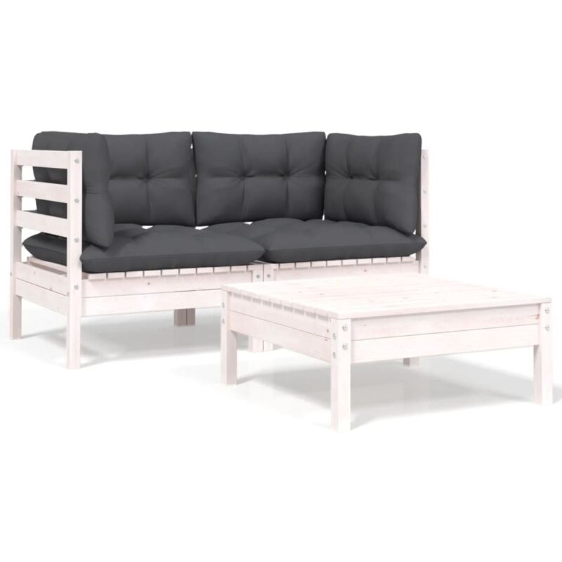 3-tlg. Garten-lounge-set Mit Kissen In Weiß Kiefer Massivholz - Vidaxl