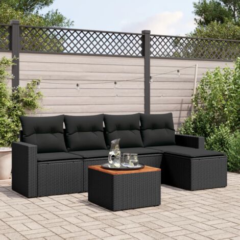 Garten-Sitzgruppe 6-teilig mit Kissen schwarz aus geflochtener Rattan