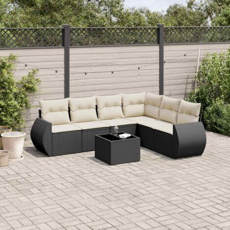 Garten-Sitzgruppe 7-teilig mit Kissen schwarz Rattan
