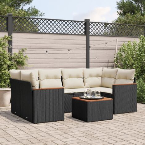 Garten-Sitzgruppe 7-teilig mit Kissen Schwarz Rattan