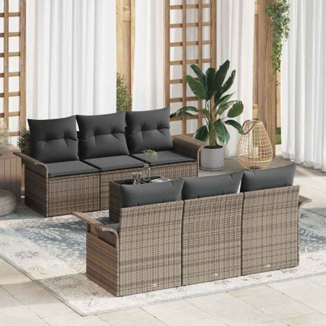Garten-Sofa-Set 7 pcs Grau Poly-Rattan und Stahl und Glas vidaXL