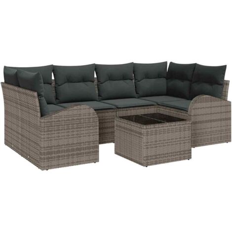 Garten-Sofa-Set 7 pcs Grau Poly-Rattan und Stahl und Glas vidaXL