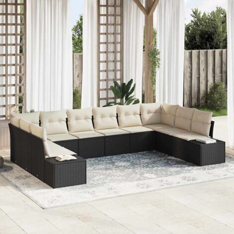 Garten-Sofa-Set mit Kissen 10 pcs Schwarz und Creme Poly Rattan vidaXL